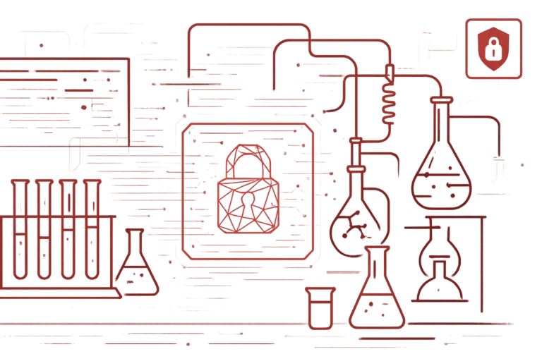 Rote Grafik mit chemischen Symbolen und digitalem Schloss, Symbol für IT-Schutz und Sicherheit von Labor- und Forschungsdaten
