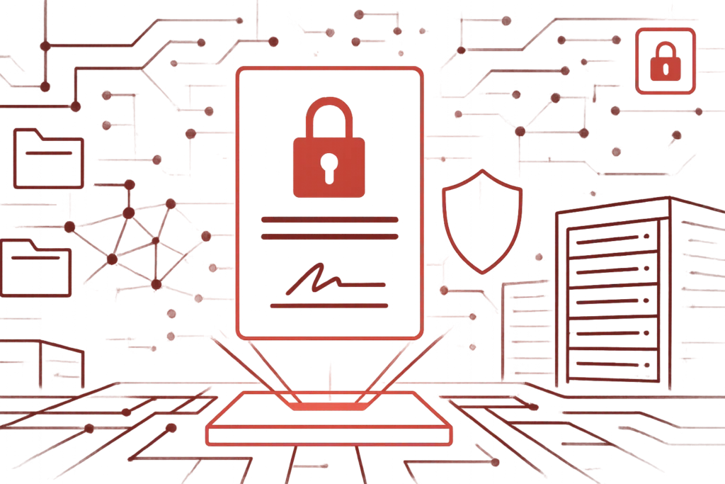 Digitale Grafik in Rot mit Schlossmotiv und Signaturdarstellung, steht für IT-Sicherheit und verschlüsselte Dokumente