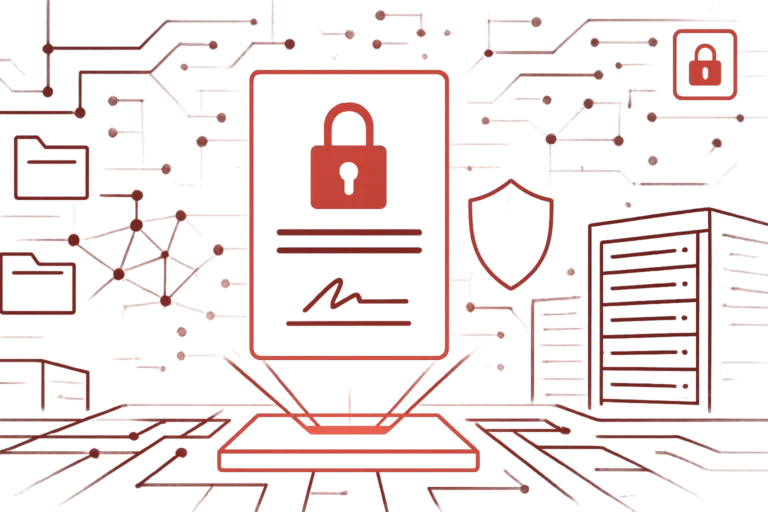 Digitale Grafik in Rot mit Schlossmotiv und Signaturdarstellung, steht für IT-Sicherheit und verschlüsselte Dokumente