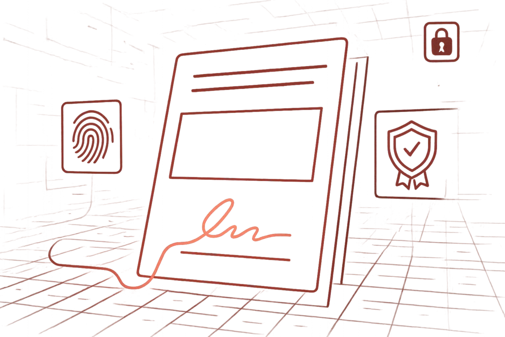 Rote Grafik eines digitalen Dokuments mit leuchtender Unterschrift symbolisiert elektronische Signaturen und sichere Identitaetspruefung