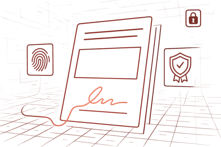 Rote Grafik eines digitalen Dokuments mit leuchtender Unterschrift symbolisiert elektronische Signaturen und sichere Identitaetspruefung