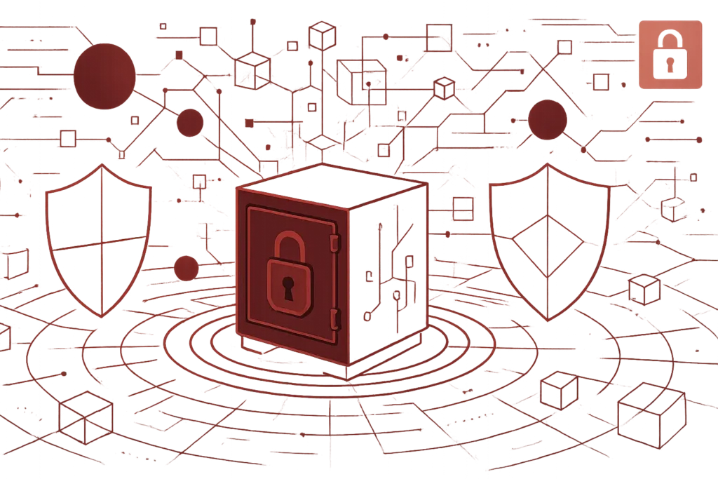 Abstrakte Illustration eines digitalen Tresors mit Schloss, flankiert von Schutzschilden, als Symbol für Datenschutz und Netzwerksicherheit