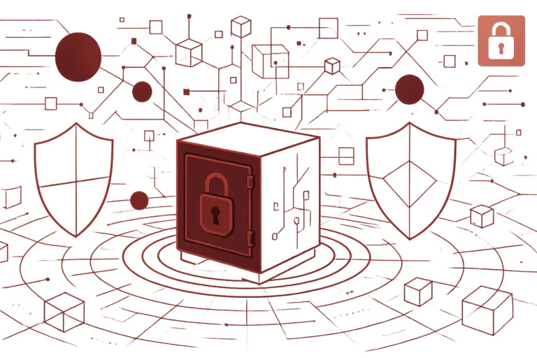 Abstrakte Illustration eines digitalen Tresors mit Schloss, flankiert von Schutzschilden, als Symbol für Datenschutz und Netzwerksicherheit