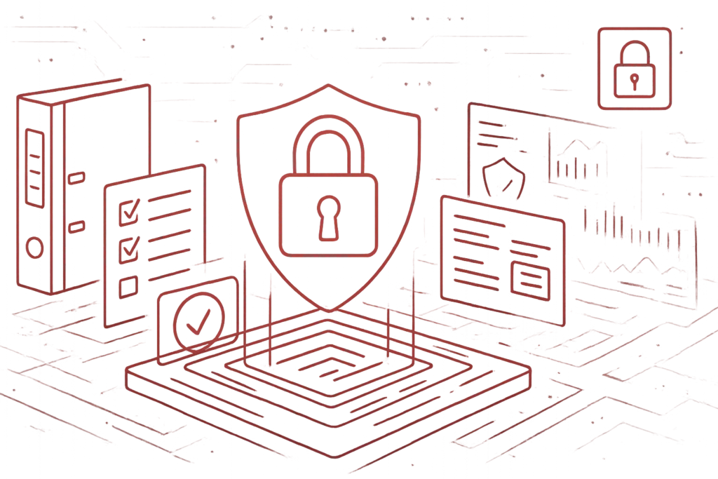 Digitale Grafik in Rot mit Schutzschild, Dokumenten und Checklisten als Zeichen für Cybersecurity und Datensicherheit