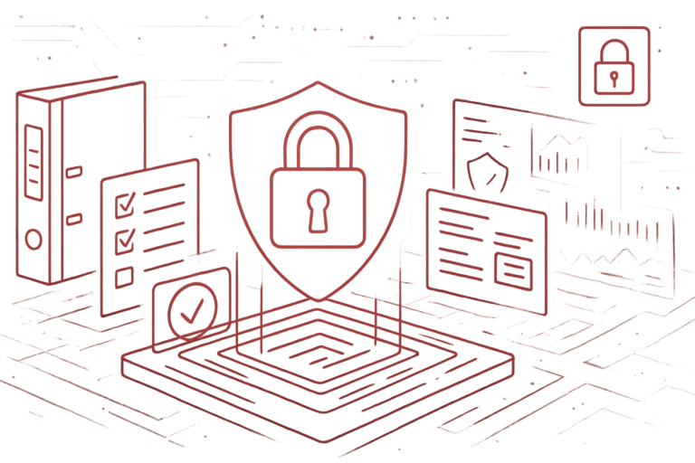 Digitale Grafik in Rot mit Schutzschild, Dokumenten und Checklisten als Zeichen für Cybersecurity und Datensicherheit