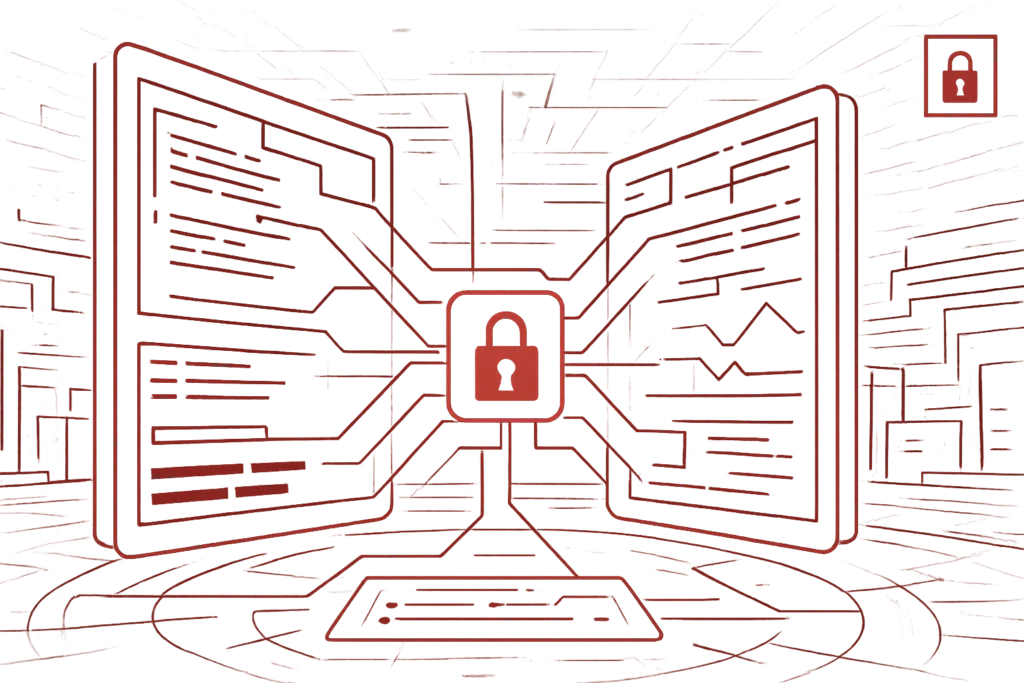 Symbolisches Sicherheitsmotiv mit rotem Schloss und Netzwerkverbindungen, steht für Datenschutz und digitale Sicherheit