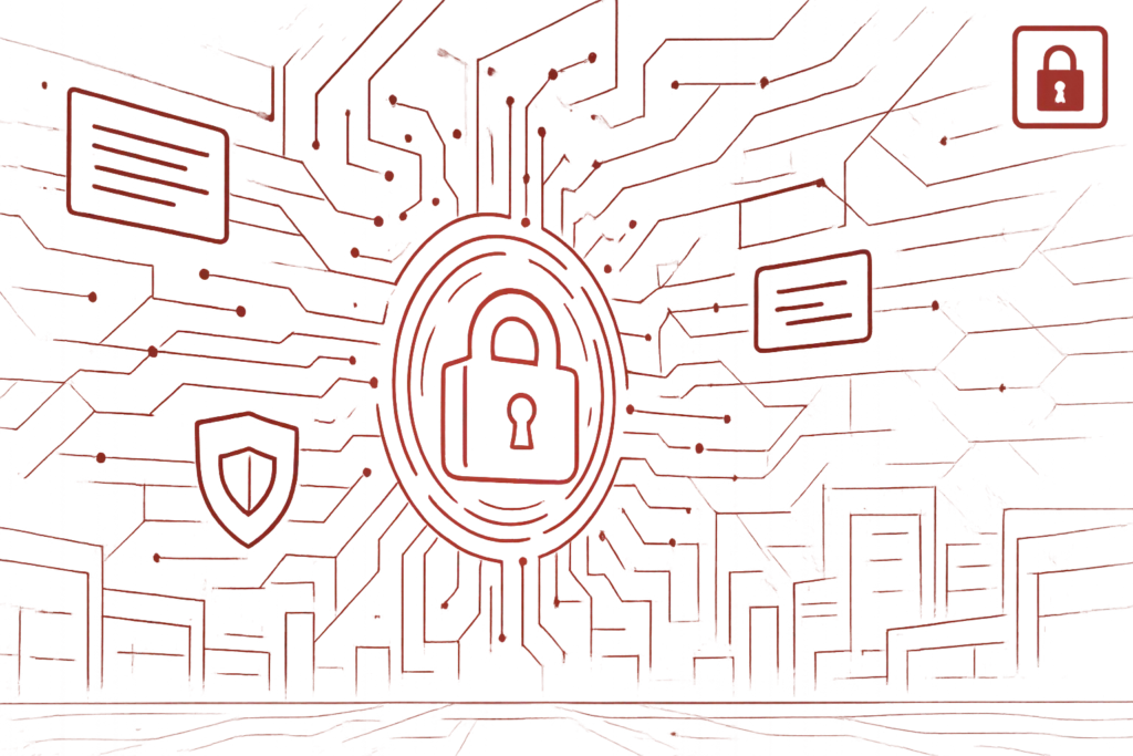 Digitales Schlossmotiv in roter Umgebung mit Schutzelementen, steht für IT-Sicherheit und Datenverschlüsselung in Netzwerken