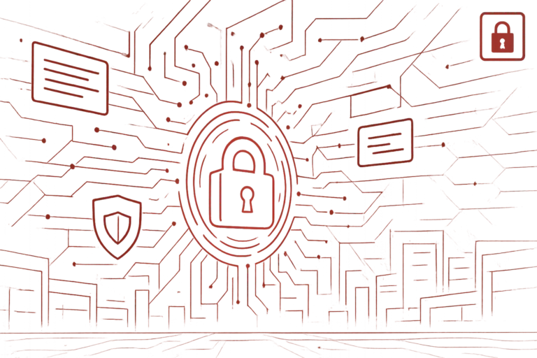 Digitales Schlossmotiv in roter Umgebung mit Schutzelementen, steht für IT-Sicherheit und Datenverschlüsselung in Netzwerken