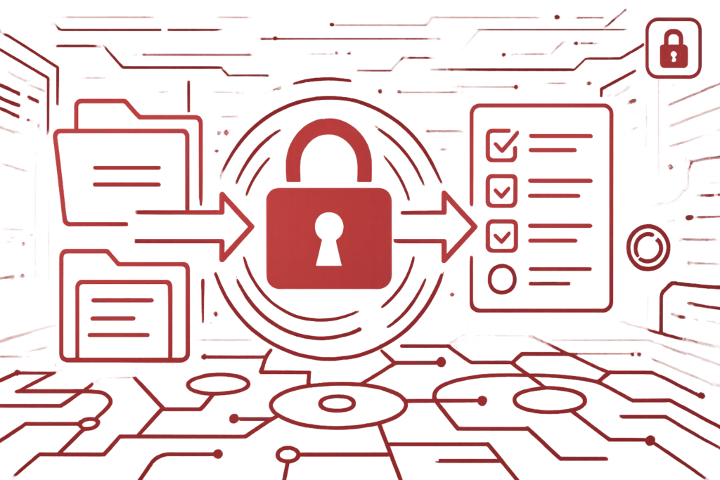 Abstrakte rote Illustration mit Ordnersymbolen, einem zentralen Schloss und einer Checkliste als Symbol für Datensicherheit und Compliance
