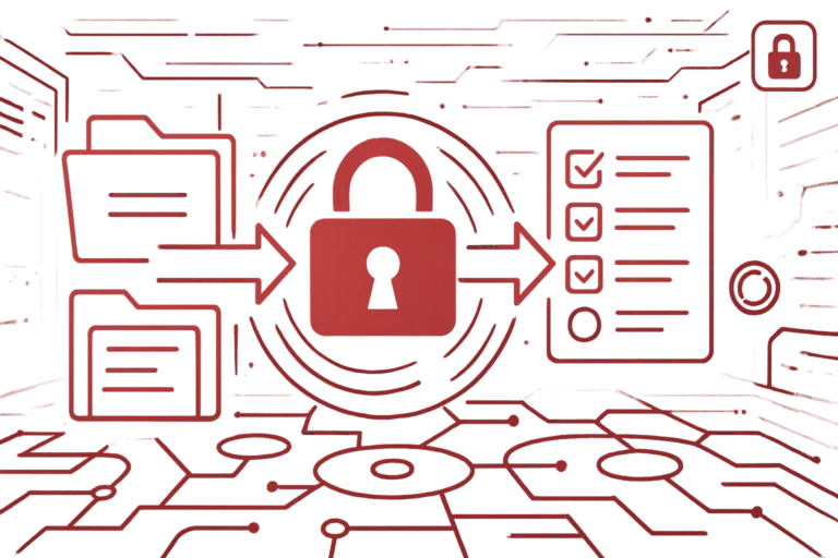 Abstrakte rote Illustration mit Ordnersymbolen, einem zentralen Schloss und einer Checkliste als Symbol für Datensicherheit und Compliance