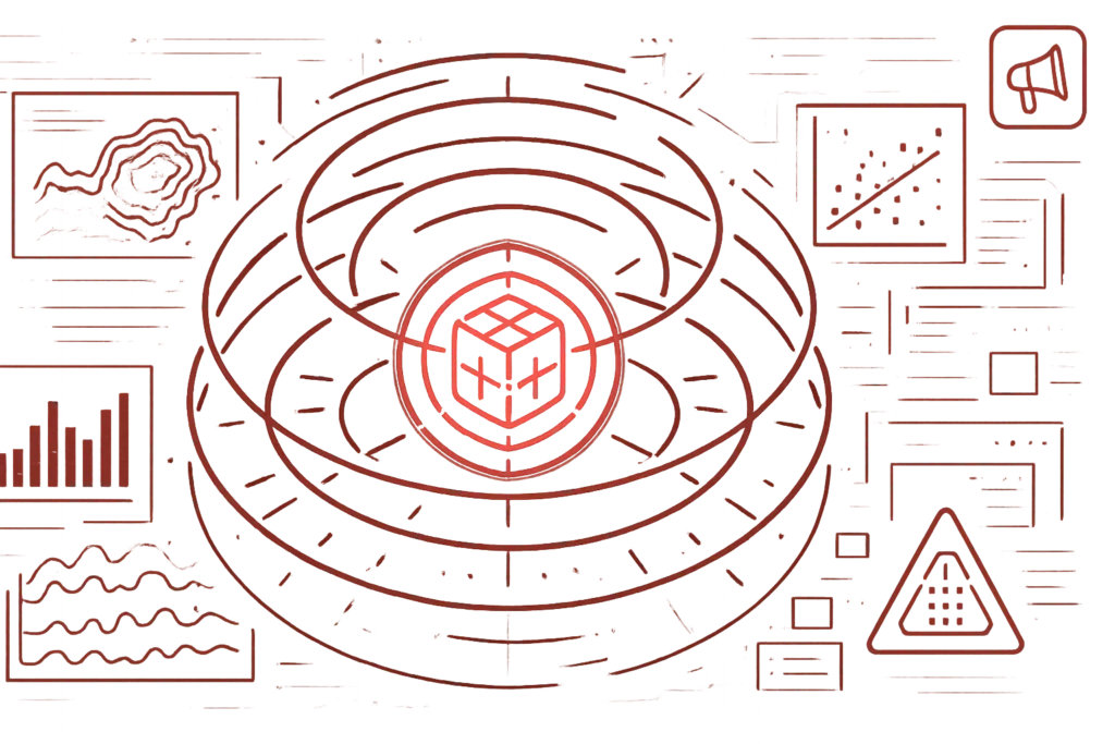 Rote Grafik mit visualisierten Daten, Diagrammen und einem zentralen Symbol für digitale Prozessüberwachung