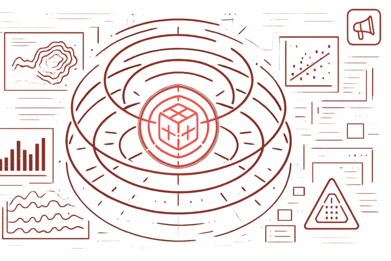 Rote Grafik mit visualisierten Daten, Diagrammen und einem zentralen Symbol für digitale Prozessüberwachung