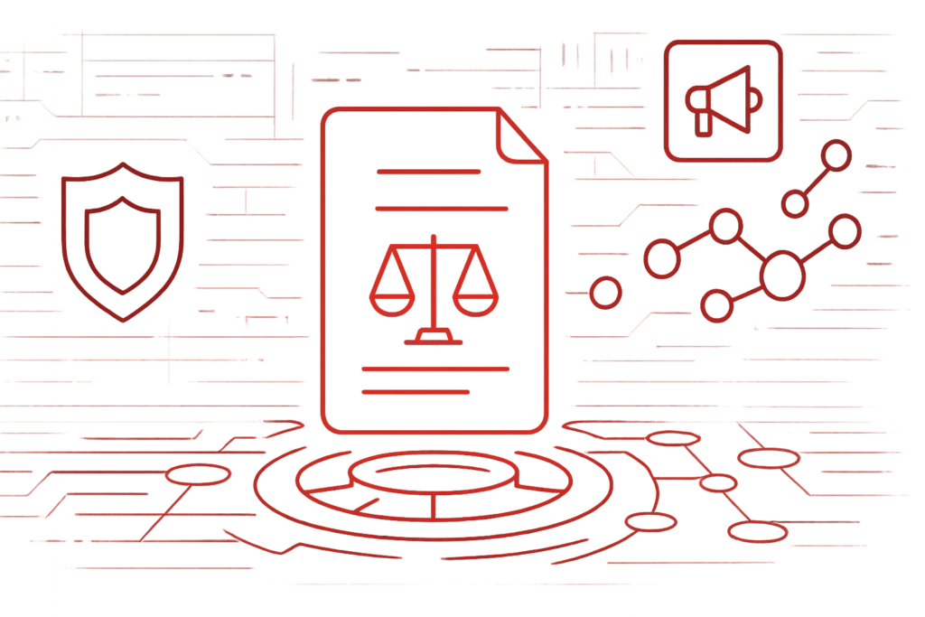Rote Grafik mit zentralem Dokument, Waage und Sicherheitssymbolen zur Visualisierung digitaler Governance und Konformität
