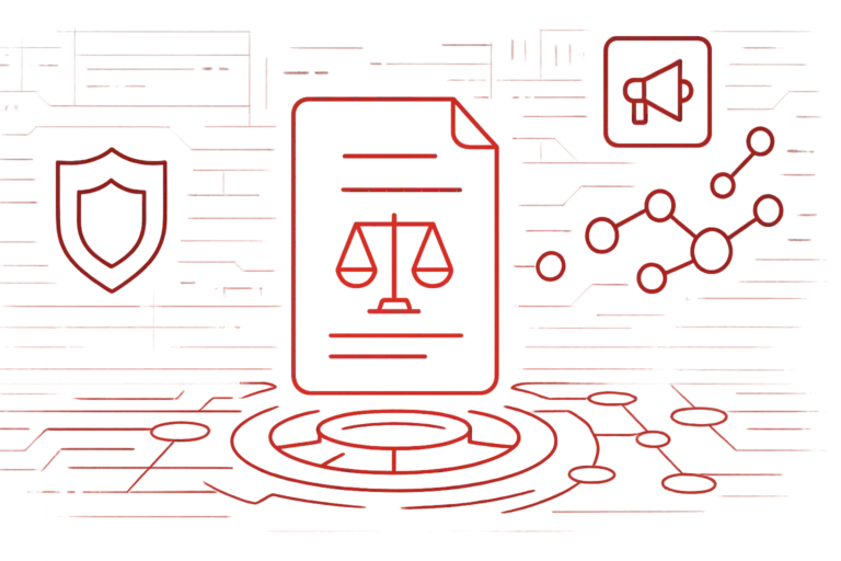Rote Grafik mit zentralem Dokument, Waage und Sicherheitssymbolen zur Visualisierung digitaler Governance und Konformität