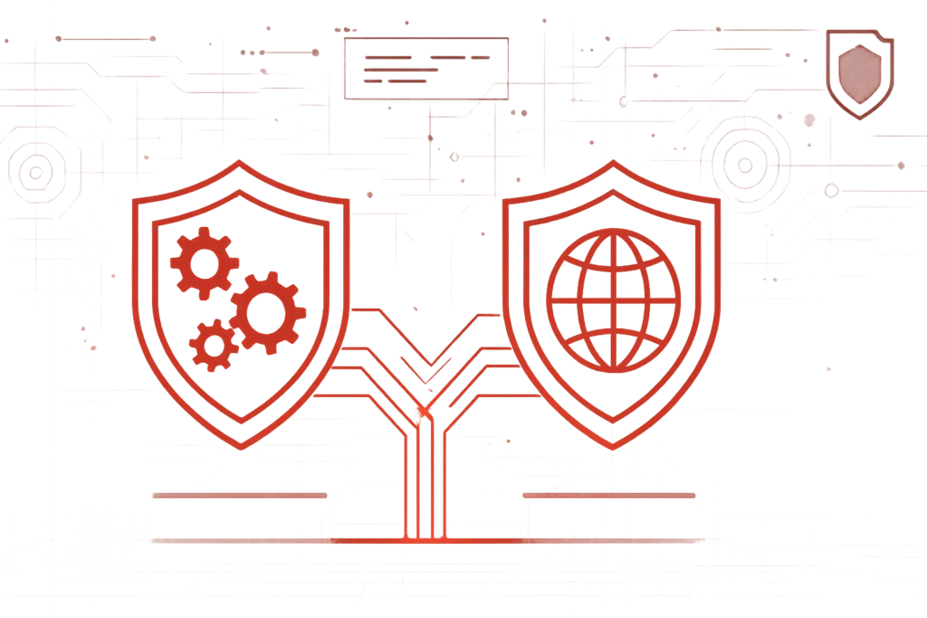 Zwei verbundene Sicherheitsschilde illustrieren ISB-Optionen: interne Expertise vs. externe Beratung