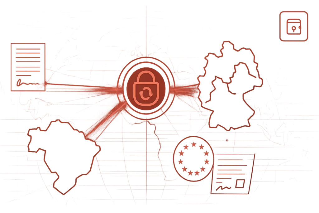 Digitale Darstellung von Datensicherheit zwischen Europa und Brasilien steht fuer internationale Datenschutzstandards