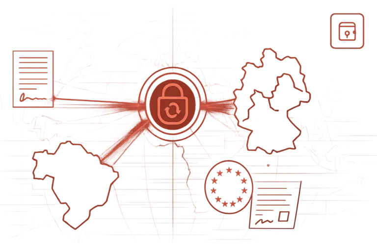 Digitale Darstellung von Datensicherheit zwischen Europa und Brasilien steht fuer internationale Datenschutzstandards