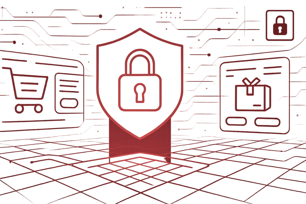 Abstrakte Grafik eines Schlosses mit Warenkorb- und Paket-Symbolen visualisiert Datenschutz und IT-Sicherheit im Onlinehandel