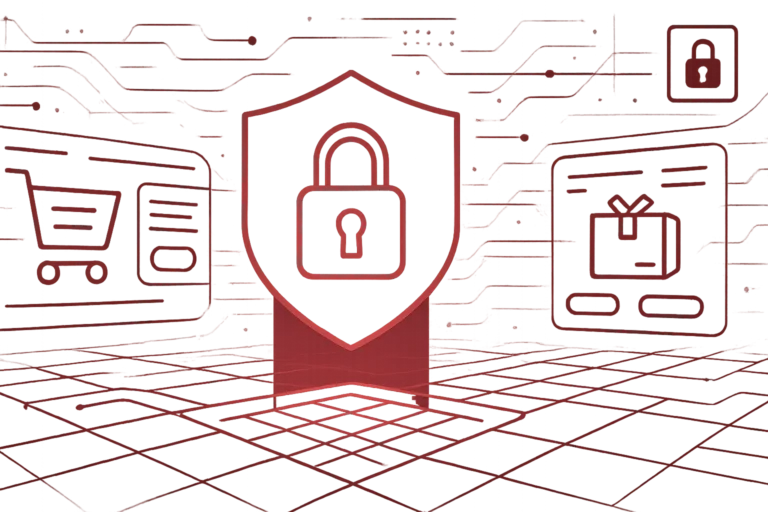 Abstrakte Grafik eines Schlosses mit Warenkorb- und Paket-Symbolen visualisiert Datenschutz und IT-Sicherheit im Onlinehandel