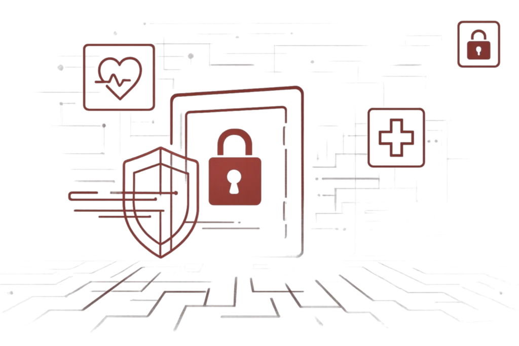 Illustration zeigt Schloss- und Schildsymbol mit Herz- und Kreuz-Icons als Zeichen für Schutz sensibler Patientendaten in der Medizin