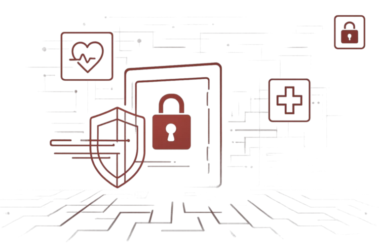 Illustration zeigt Schloss- und Schildsymbol mit Herz- und Kreuz-Icons als Zeichen für Schutz sensibler Patientendaten in der Medizin