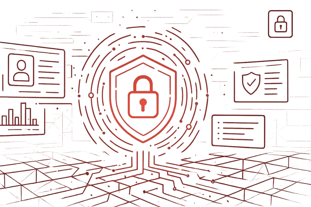 Illustration eines roten Schlosses im Schild steht für IT-Sicherheit, Datenschutz und den Schutz sensibler digitaler Informationen