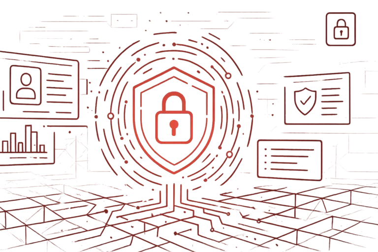 Illustration eines roten Schlosses im Schild steht für IT-Sicherheit, Datenschutz und den Schutz sensibler digitaler Informationen