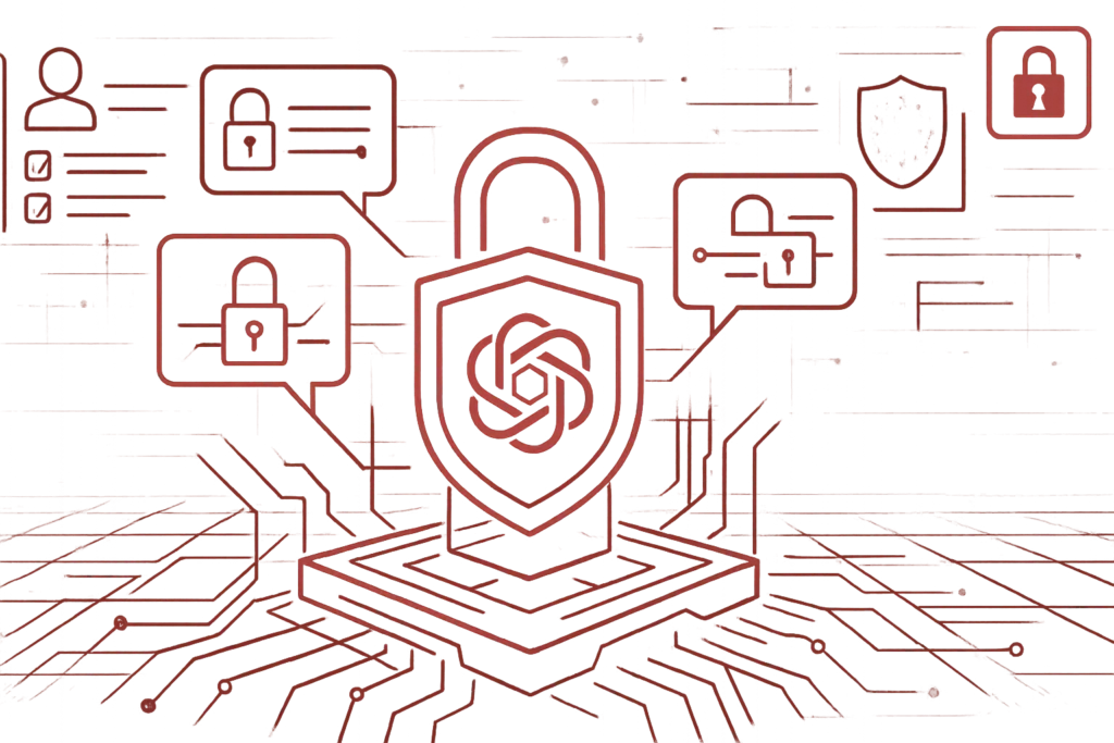 Rote Grafik mit Schloss und KI-Symbol steht fuer Datenschutz, sichere Kommunikation und Verschluesselung in Chat-Systemen