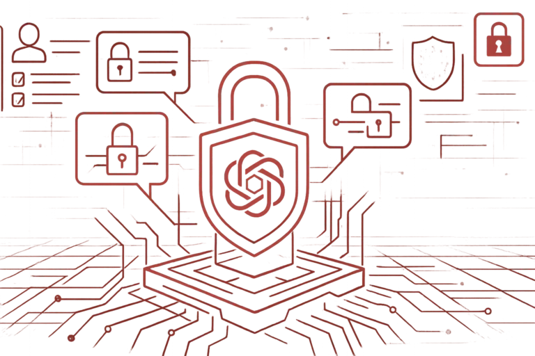 Rote Grafik mit Schloss und KI-Symbol steht fuer Datenschutz, sichere Kommunikation und Verschluesselung in Chat-Systemen