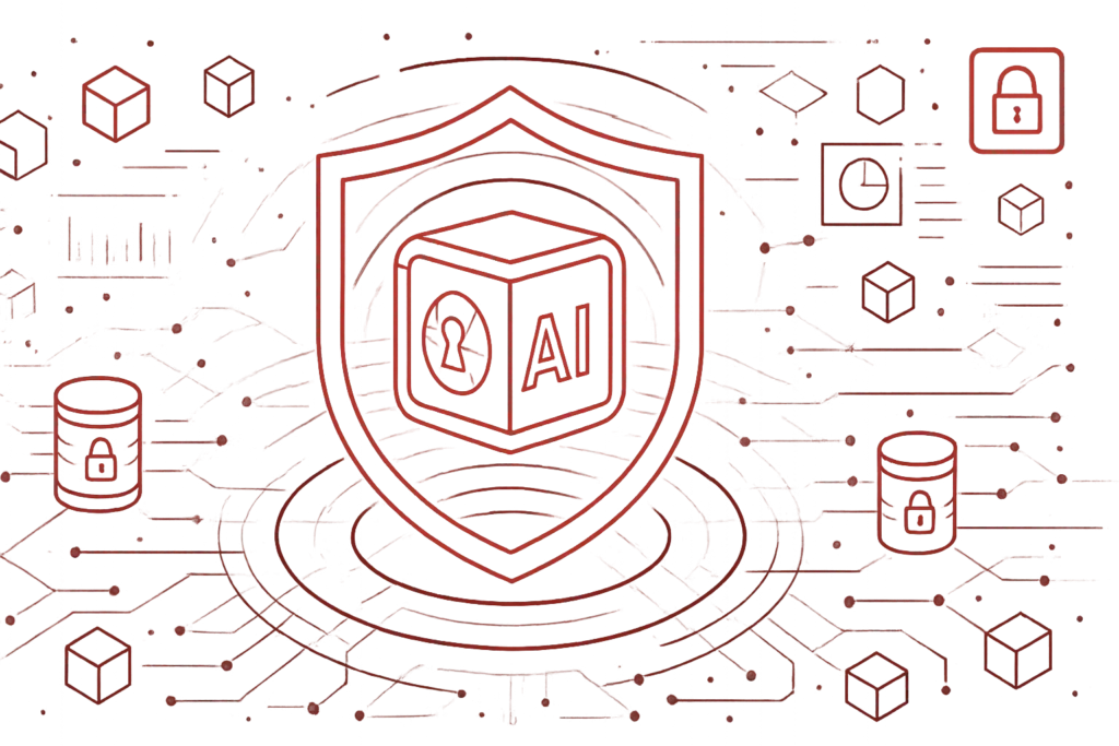 Illustration zur KI-Sicherheit mit Schild-Symbol, AI-Würfel, verschlüsselten Datenbanken und Blockchain-Elementen