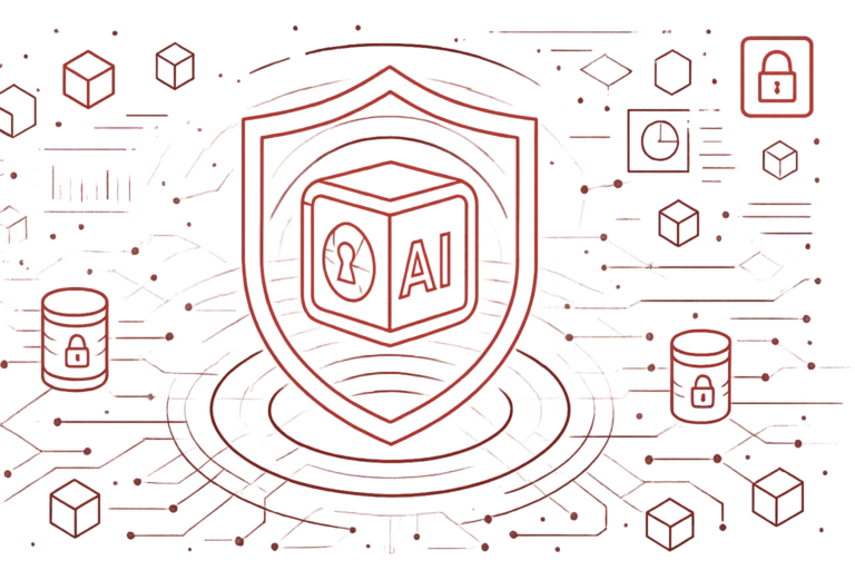 Illustration zur KI-Sicherheit mit Schild-Symbol, AI-Würfel, verschlüsselten Datenbanken und Blockchain-Elementen