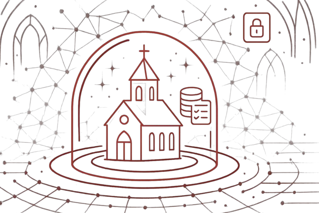 Leuchtende Grafik einer Kirche mit Sicherheitssymbolen als Konzept für IT-Schutz und Datensicherheit in Glaubensorganisationen
