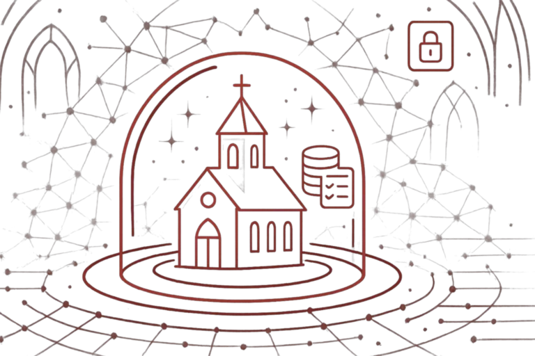 Leuchtende Grafik einer Kirche mit Sicherheitssymbolen als Konzept für IT-Schutz und Datensicherheit in Glaubensorganisationen