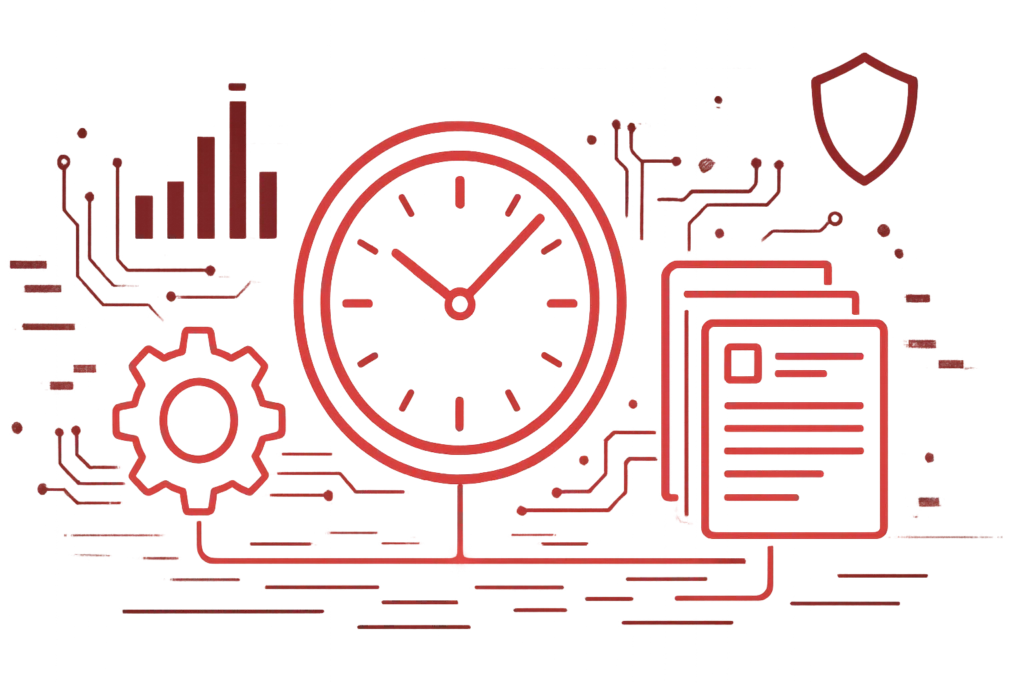 Security Automation Illustration mit zentraler Uhr, Analysediagrammen und Überwachungskomponenten