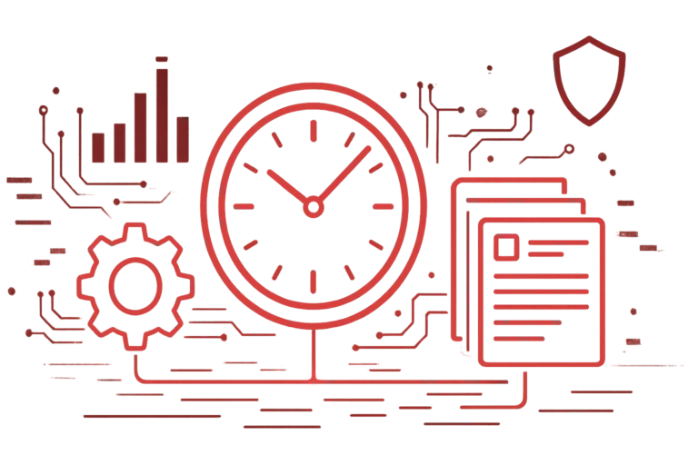 Security Automation Illustration mit zentraler Uhr, Analysediagrammen und Überwachungskomponenten