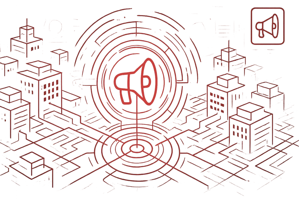 Abstrakte rote Illustration mit zentralem Megafon und Gebäuden als Symbol für Unternehmenskommunikation und digitale Informationsverteilung