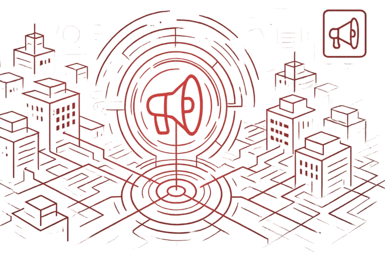 Abstrakte rote Illustration mit zentralem Megafon und Gebäuden als Symbol für Unternehmenskommunikation und digitale Informationsverteilung