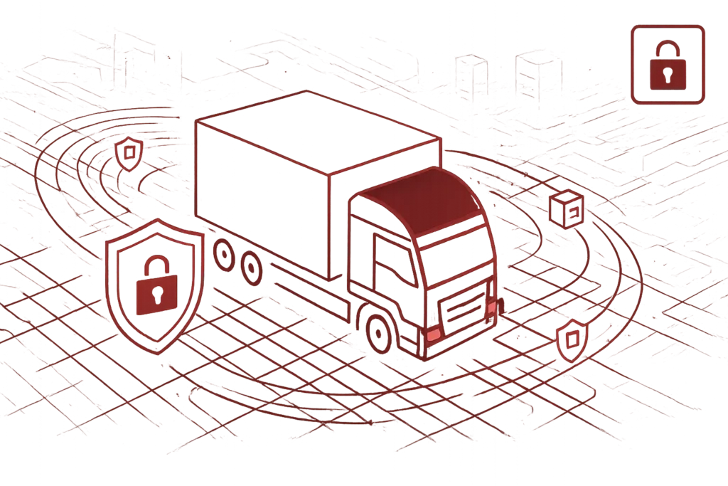 Abstrakte Grafik eines Lastwagens mit digitalen Schilden als Symbol für sicheren Datentransport und Lieferkettenschutz