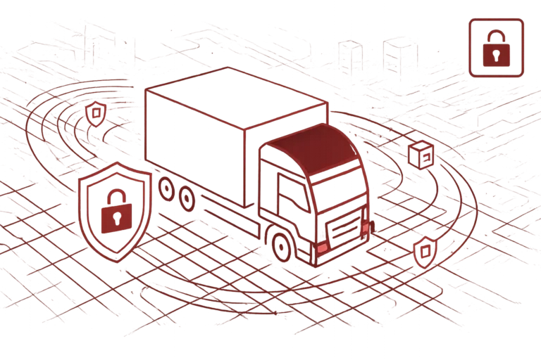 Abstrakte Grafik eines Lastwagens mit digitalen Schilden als Symbol für sicheren Datentransport und Lieferkettenschutz