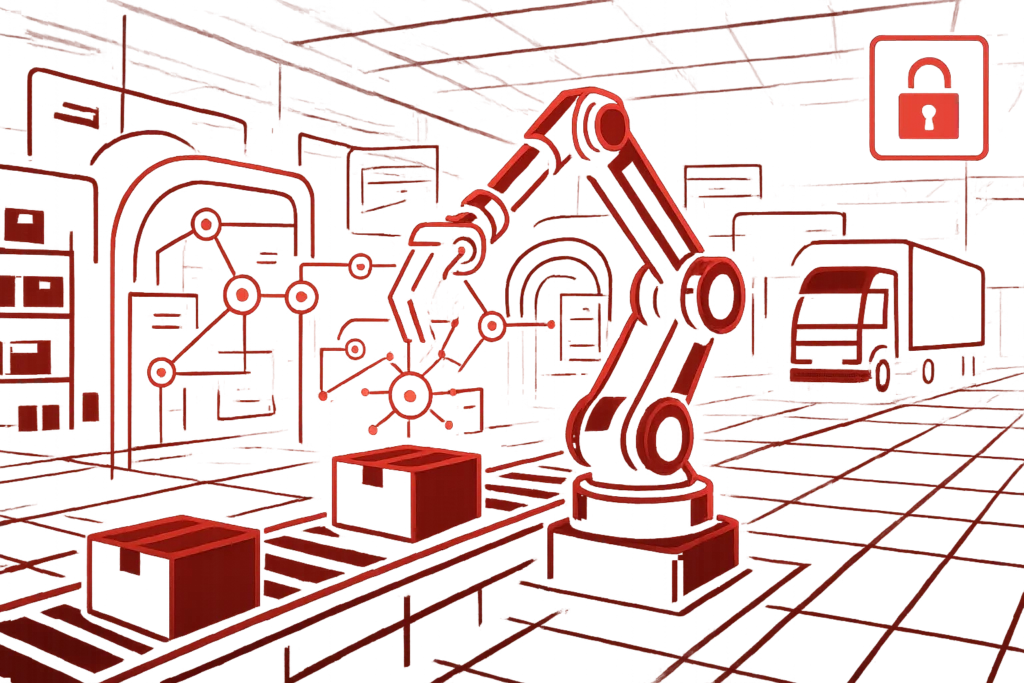 Rotes Motiv zeigt Roboterarm und Förderband in einer vernetzten Smart Factory als Sinnbild für IT-Sicherheit und Industrie 4.0