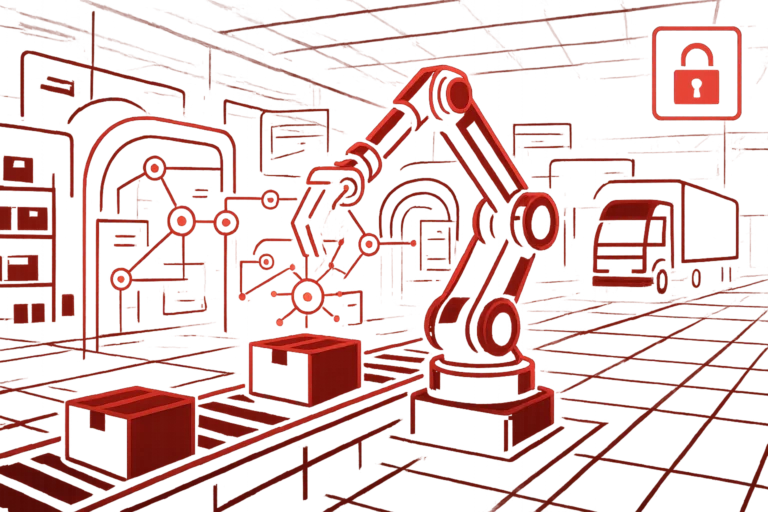 Rotes Motiv zeigt Roboterarm und Förderband in einer vernetzten Smart Factory als Sinnbild für IT-Sicherheit und Industrie 4.0