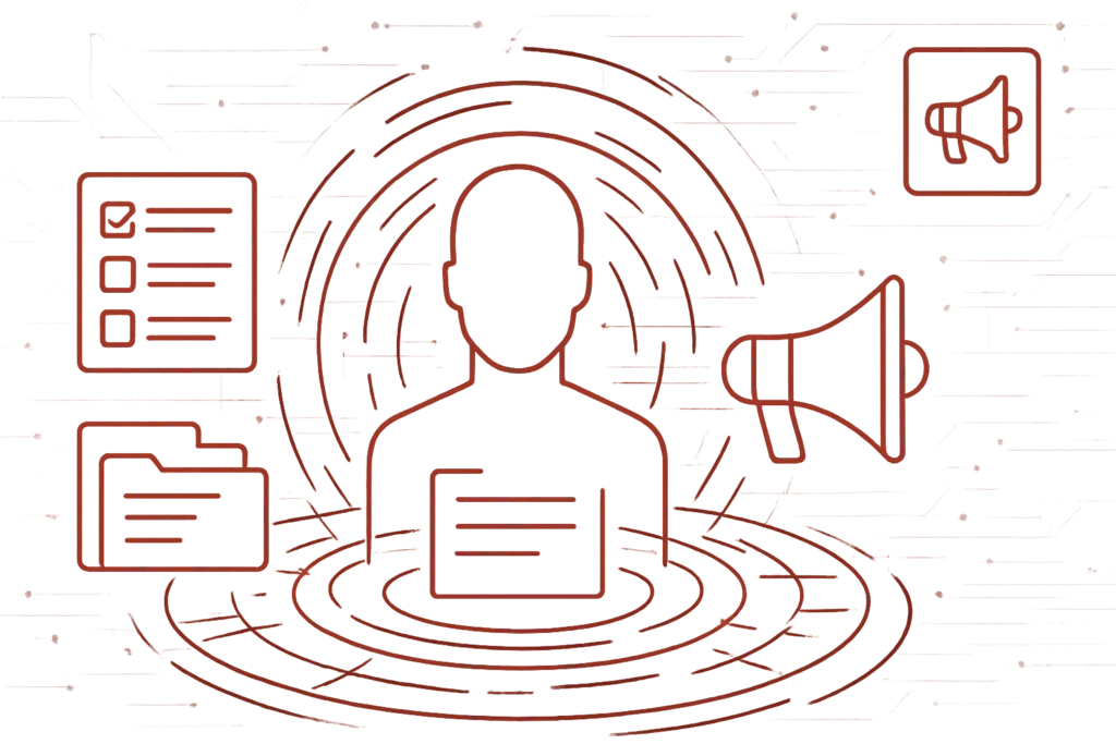 Rote Grafik mit stilisierter Person und Kommunikationssymbolen zur Visualisierung von Informations- und Benachrichtigungssystemen