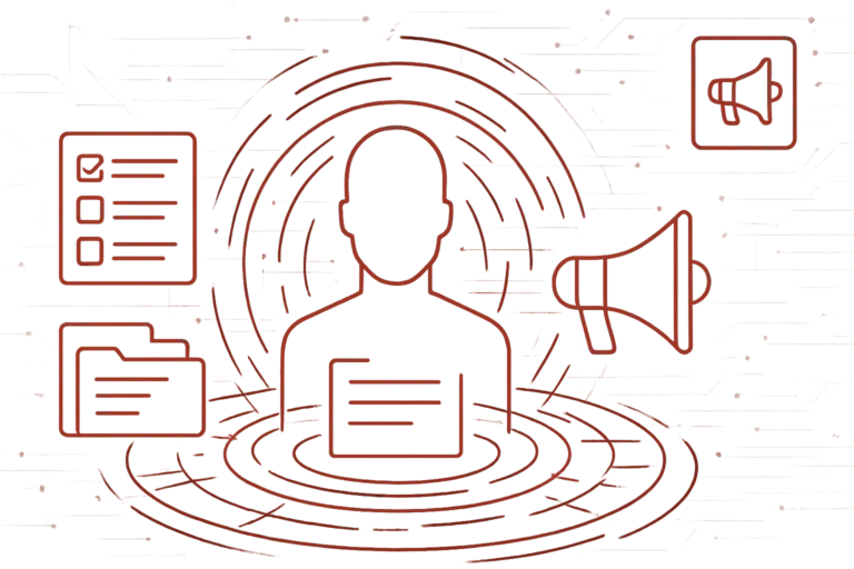 Rote Grafik mit stilisierter Person und Kommunikationssymbolen zur Visualisierung von Informations- und Benachrichtigungssystemen