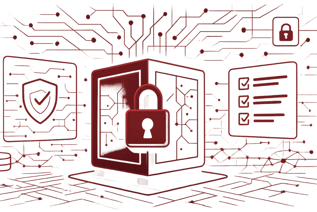 Rote Grafik mit Laptop, Schloss und Sicherheitssymbolen als Darstellung von Cybersecurity und digitalem Systemschutz