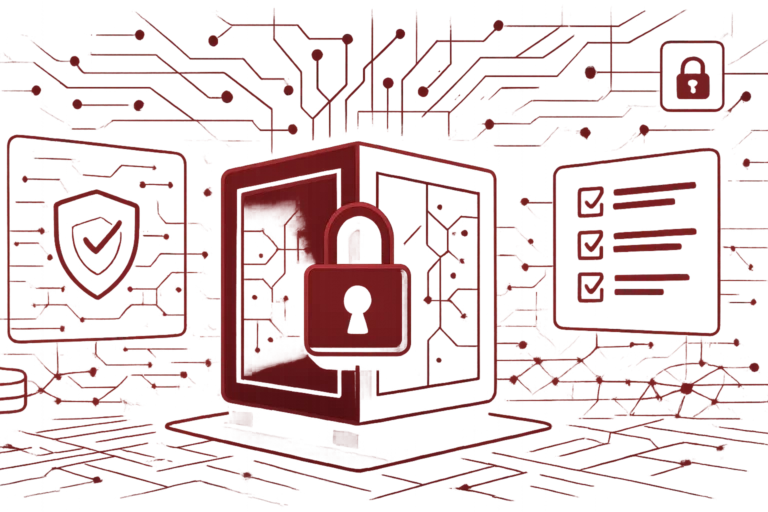 Rote Grafik mit Laptop, Schloss und Sicherheitssymbolen als Darstellung von Cybersecurity und digitalem Systemschutz