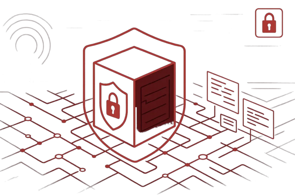 Abstrakte Grafik mit Server, Schloss und Netzwerkverbindungen als Darstellung von sicherer Datenverwaltung und Netzwerkschutz