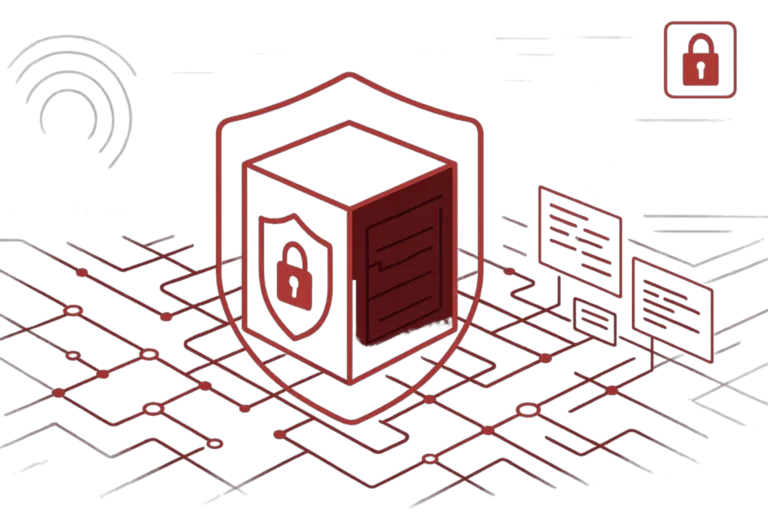 Abstrakte Grafik mit Server, Schloss und Netzwerkverbindungen als Darstellung von sicherer Datenverwaltung und Netzwerkschutz