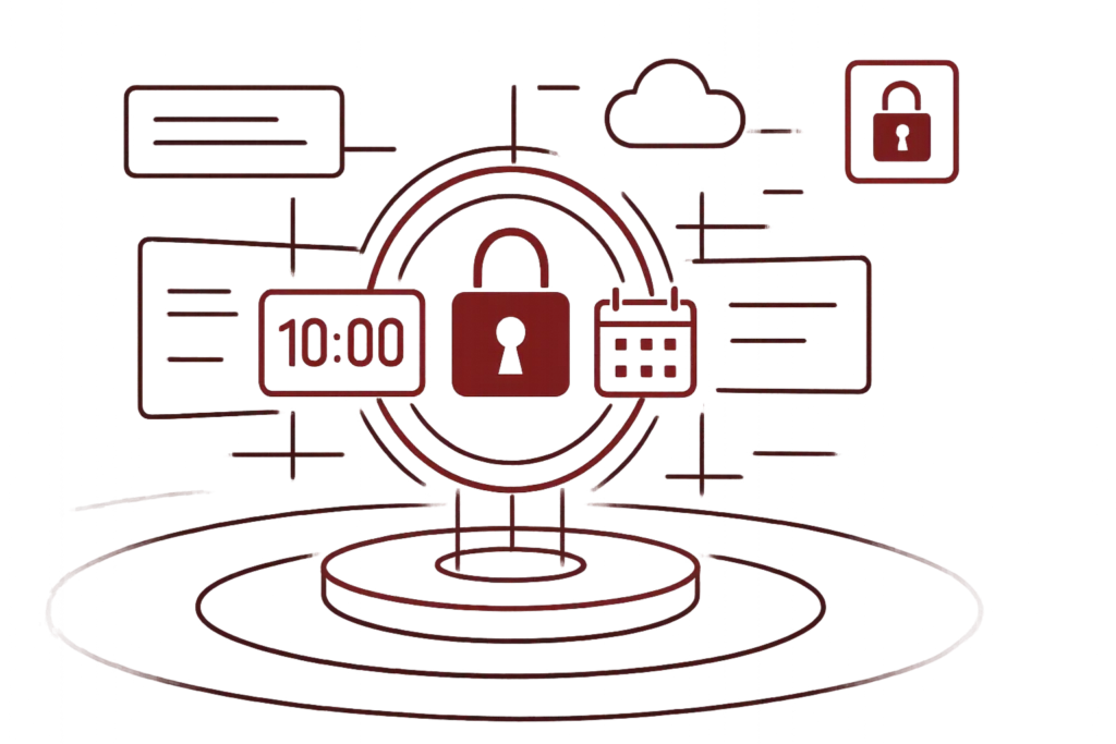 Digitale Grafik mit Schloss-Symbol, Zeitplan und Cloud-Daten, symbolisiert den Schutz von Daten und die Integration von Sicherheitslösungen