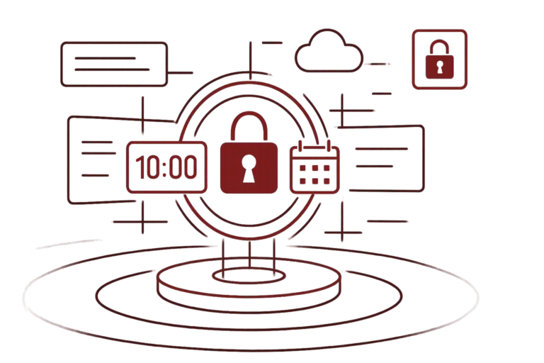 Digitale Grafik mit Schloss-Symbol, Zeitplan und Cloud-Daten, symbolisiert den Schutz von Daten und die Integration von Sicherheitslösungen