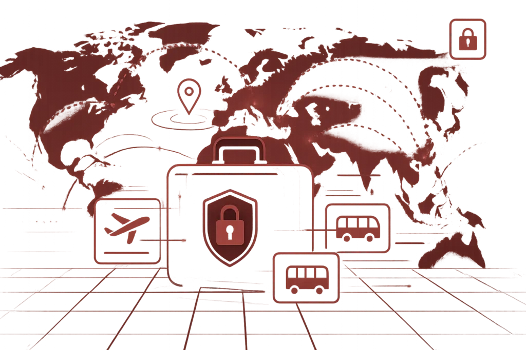 Digitale Grafik mit Reisesymbolen und Sicherheitsicon, stellvertretend für den Schutz von Reisedaten und persönlichen Informationen
